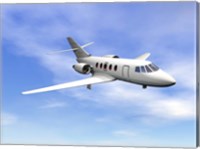 Private jet plane flying in cloudy blue sky Fine Art Print