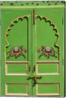 Elephants painted on green door, City Palace, Udaipur, India Fine Art Print