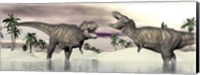 Two Tyrannosaurus rex dinosaurs fighting in the water Fine Art Print