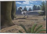 A deinonychosaur leaves tracks across a Cretaceous China landscape Fine Art Print