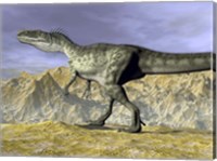 Monolophosaurus dinosaur walking on rocky terrain near mountain Fine Art Print
