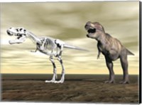 Comparison of Tyrannosaurus Rex standing next to its fossil skeleton Fine Art Print
