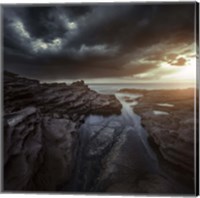 Huge rocks on the shore of a sea against stormy clouds, Sardinia, Italy Fine Art Print