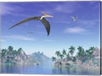 Pteranodon birds flying above islands with palm trees Fine Art Print