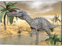 Suchomimus dinosaur walking in the water in desert landscape Fine Art Print