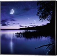 Tranquil lake against starry sky, moon and falling meteorites, Russia Fine Art Print