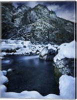 A river flowing through the snowy mountains of Ritsa Nature Reserve, Abkhazia Fine Art Print