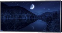Moon rising over tranquil lake in the misty mountains against starry sky Fine Art Print