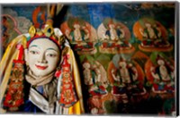 Religious statue infront of Buddha mural at Shey Palace, Ladakh, India Fine Art Print