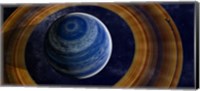 A ringed blue gas giant with shepherd moon in the rings Fine Art Print