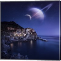 View of Manarola on a starry night with planets, Northern Italy Fine Art Print