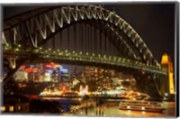 Australia, NSW, Sydney Harbour Bridge, Tour Boat at Night Fine Art Print