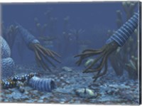 Squid-like Orthoceratites attempt to make meals of trilobites Fine Art Print