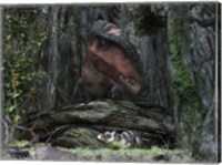 A rat-sized Purgatorius hides from a Bistahieversor dinosaur in a cretaceous forest Fine Art Print