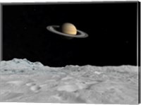 Artist's concept of Saturn as seen from the Surface of its Moon Lapetus Fine Art Print