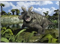 An Estemmenosuchus Mirabilis Stands Before a Lake 255 Million years ago Fine Art Print