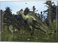A Lambeosaurus Rears onto its Hind Legs in Response to a Threat Fine Art Print
