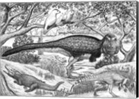 Black ink Drawing of Extinct Animals From the Hell Creek Formation Fine Art Print