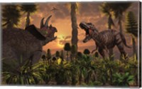 T- Rex and Triceratops meet for a Battle 1 Fine Art Print