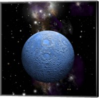 Artist's depiction of a cratered moon in space with a Nebula in the background Fine Art Print