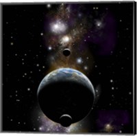 An Earth type world with two moons against a background of Nebula and stars Fine Art Print