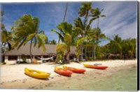 Kayak on the beach, and waterfront bure, Plantation Island Resort, Malolo Lailai Island, Mamanuca Islands, Fiji Fine Art Print