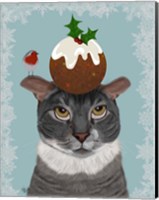 Grey Cat and Christmas Pudding Fine Art Print