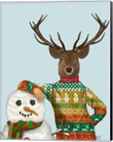 Deer in Christmas Sweater with Snowman Fine Art Print