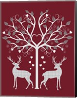 Christmas Des - Deer and Heart Tree, Grey on Red Fine Art Print