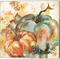 Watercolor Harvest Teal and Orange Pumpkins II Fine Art Print