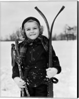 1930s Little Girl Standing Holding Skis Fine Art Print