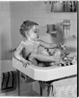 1940s Girl Sitting In Sink Lathered With Soap Fine Art Print