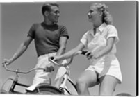 1930s 1940s Smiling Couple On Bikes Looking At One Another Fine Art Print