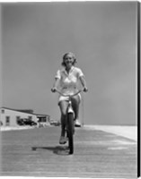 1940s Summer Time Smiling Woman Riding Bike On Beach Boardwalk Fine Art Print