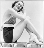 1930s  Smiling Brunette Woman Wearing Striped Halter Top Fine Art Print