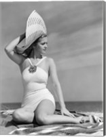 1930s 1940s Woman In Bathing Suit On Beach Wearing Big Hat Fine Art Print