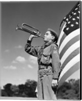 1950s Boy Scout In Uniform Standing In Front American Flag Fine Art Print