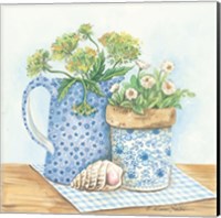 Blue and White Pottery with Flowers I Fine Art Print
