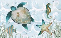 Watercolor Sea Creatures Panel (blue) Fine Art Print