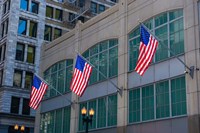 Flags Hanging Outside An Office Building, Chicago, Illinois Fine Art Print