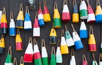 Colorful Buoys Hanging On Wall, Bar Harbor, Maine Fine Art Print