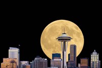 Large Full Moon Behind The Seattle Space Needle Fine Art Print