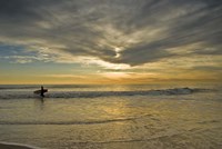 Sunrise On Surfer With Board Walking Through Shore Waves, Cape May NJ Fine Art Print