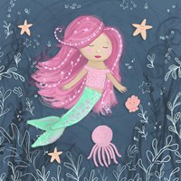 Mermaid and Octopus Navy I Fine Art Print