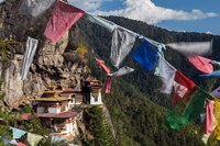 Bhutan, Paro Prayer Flags Fluttering At The Cliff's Edge Across From Taktsang Monastery, Or Tiger's Nest Fine Art Print