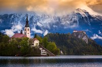 Europe, Slovenia, Lake Bled Church Castle On Lake Island And Mountain Landscape Fine Art Print