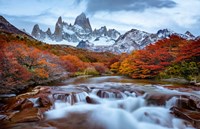 Argentina, Los Glaciares National Park Mt Fitz Roy And Lenga Beech Trees In Fall Fine Art Print