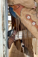 Cowgirl Standing In Doorway Of Old Log Cabin Fine Art Print