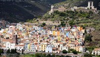 Pastel-Colored Buildings And Malaspina Castle In Bosa, Sardinia, Italy Fine Art Print