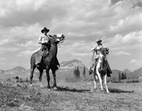 Pair Of Cowboys On Horseback At Glacier Fifty Mountain Camp Fine Art Print